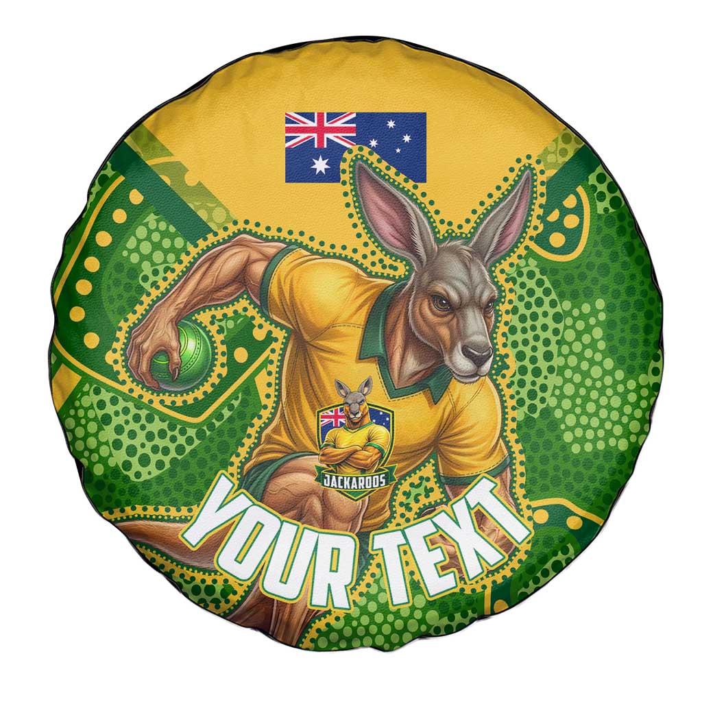 Personalized Australian Jackaroo Lawn Bowls Spare Tire Cover Kangaroo Athlete Indigenous Pattern Green Yellow Sports Mascot