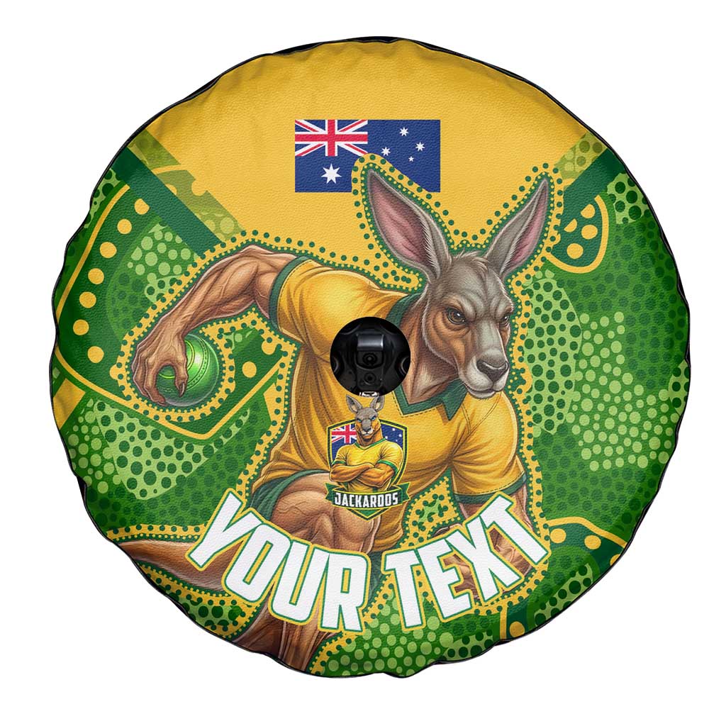 Personalized Australian Jackaroo Lawn Bowls Spare Tire Cover Kangaroo Athlete Indigenous Pattern Green Yellow Sports Mascot