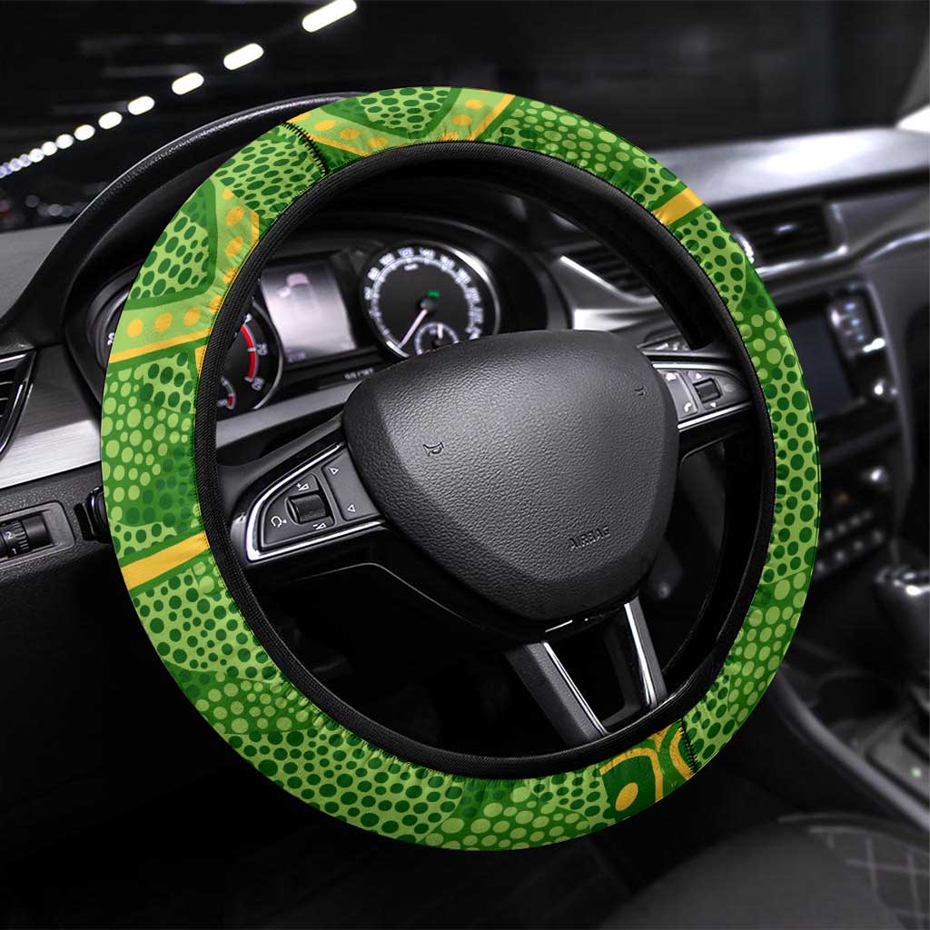 Australian Jackaroo Lawn Bowls Steering Wheel Cover Kangaroo Athlete Indigenous Pattern Green Yellow Sports Mascot