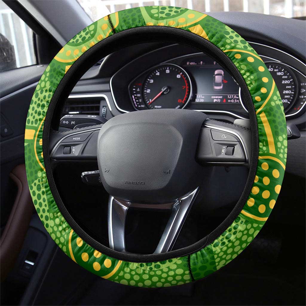 Australian Jackaroo Lawn Bowls Steering Wheel Cover Kangaroo Athlete Indigenous Pattern Green Yellow Sports Mascot
