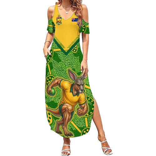 Personalized Australian Jackaroo Lawn Bowls Summer Maxi Dress Kangaroo Athlete Indigenous Pattern Green Yellow Sports Mascot
