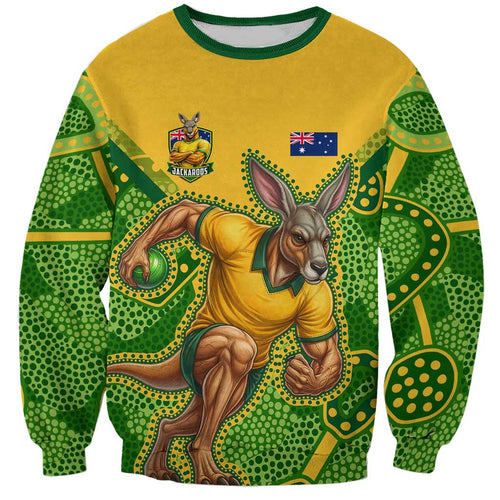 Personalized Australian Jackaroo Lawn Bowls Sweatshirt Kangaroo Athlete Indigenous Pattern Green Yellow Sports Mascot