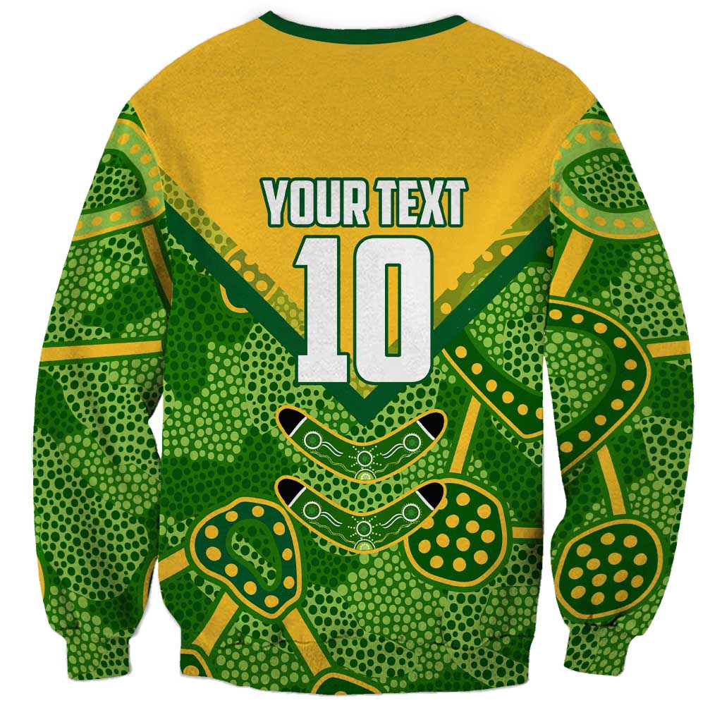Personalized Australian Jackaroo Lawn Bowls Sweatshirt Kangaroo Athlete Indigenous Pattern Green Yellow Sports Mascot