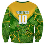 Personalized Australian Jackaroo Lawn Bowls Sweatshirt Kangaroo Athlete Indigenous Pattern Green Yellow Sports Mascot