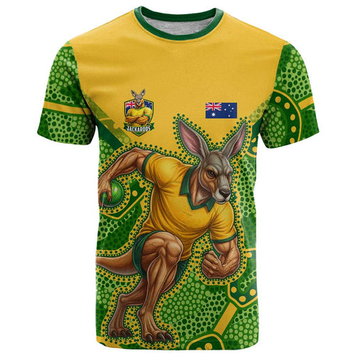 Personalized Australian Jackaroo Lawn Bowls T Shirt Kangaroo Athlete Indigenous Pattern Green Yellow Sports Mascot