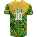 Personalized Australian Jackaroo Lawn Bowls T Shirt Kangaroo Athlete Indigenous Pattern Green Yellow Sports Mascot