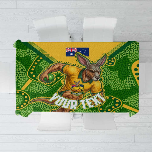 Personalized Australian Jackaroo Lawn Bowls Tablecloth Kangaroo Athlete Indigenous Pattern Green Yellow Sports Mascot