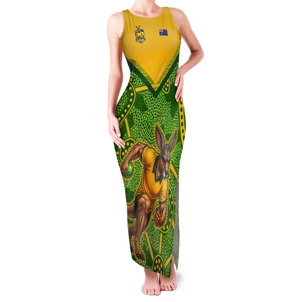 Personalized Australian Jackaroo Lawn Bowls Tank Maxi Dress Kangaroo Athlete Indigenous Pattern Green Yellow Sports Mascot