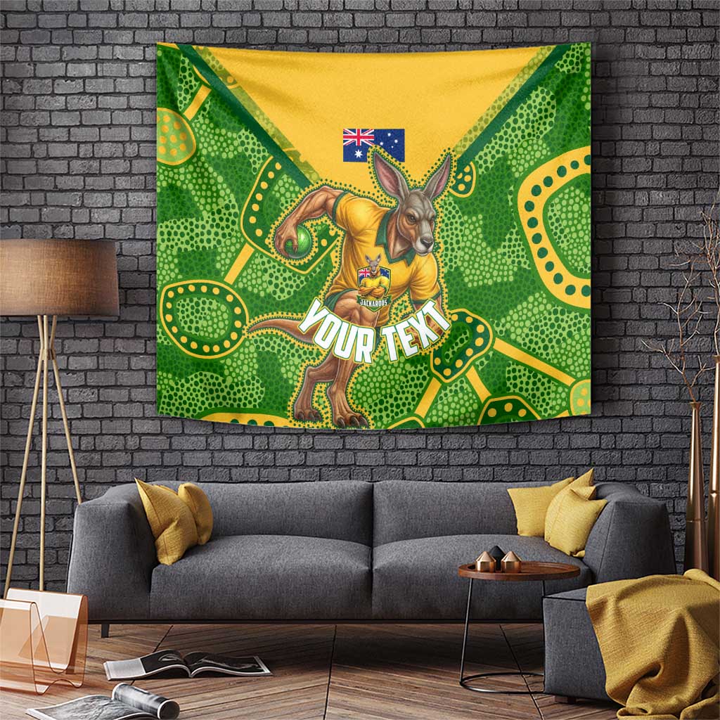 Personalized Australian Jackaroo Lawn Bowls Tapestry Kangaroo Athlete Indigenous Pattern Green Yellow Sports Mascot