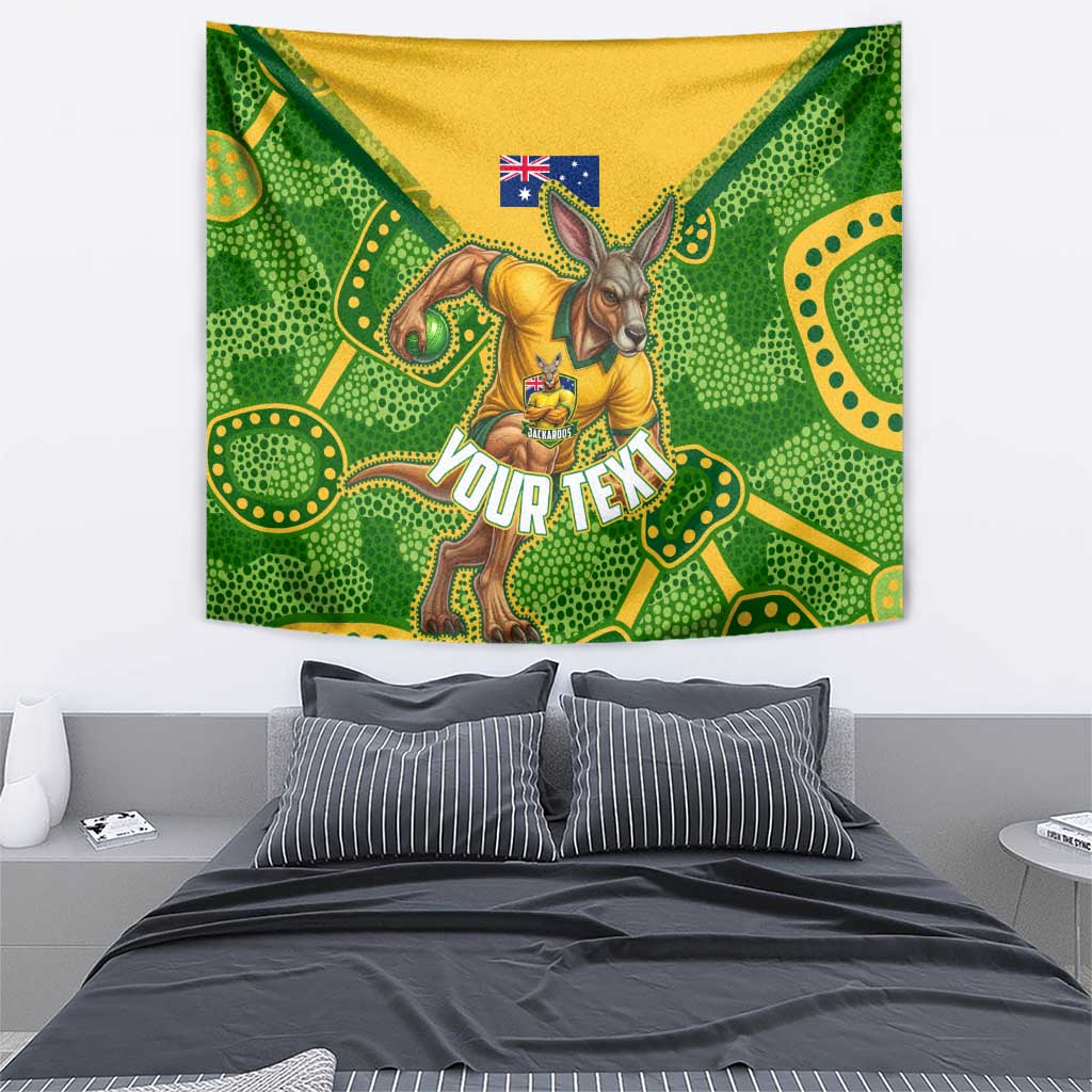 Personalized Australian Jackaroo Lawn Bowls Tapestry Kangaroo Athlete Indigenous Pattern Green Yellow Sports Mascot