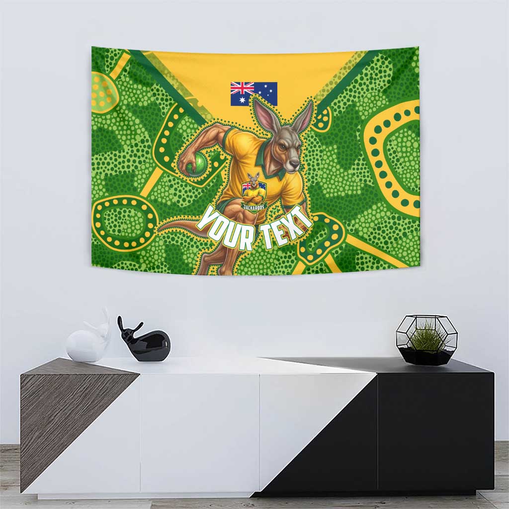 Personalized Australian Jackaroo Lawn Bowls Tapestry Kangaroo Athlete Indigenous Pattern Green Yellow Sports Mascot