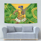 Personalized Australian Jackaroo Lawn Bowls Tapestry Kangaroo Athlete Indigenous Pattern Green Yellow Sports Mascot
