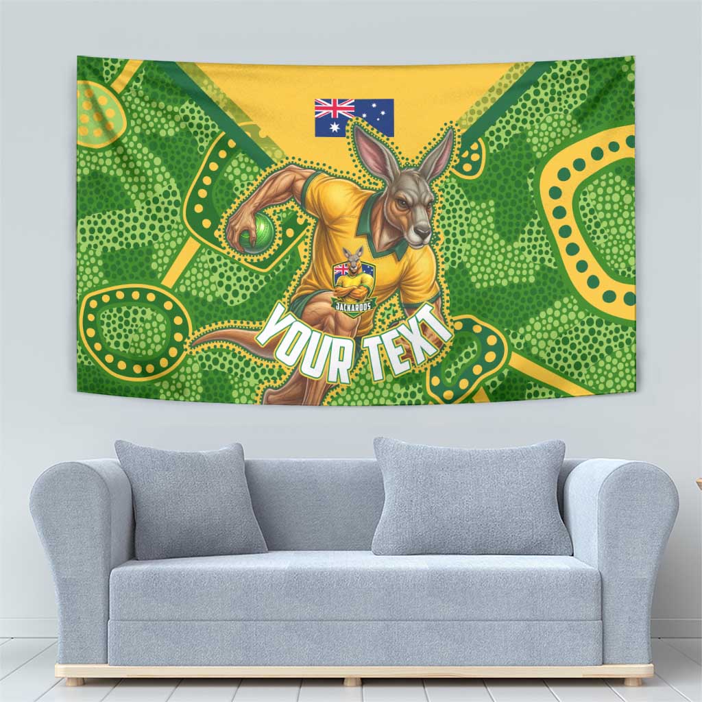 Personalized Australian Jackaroo Lawn Bowls Tapestry Kangaroo Athlete Indigenous Pattern Green Yellow Sports Mascot