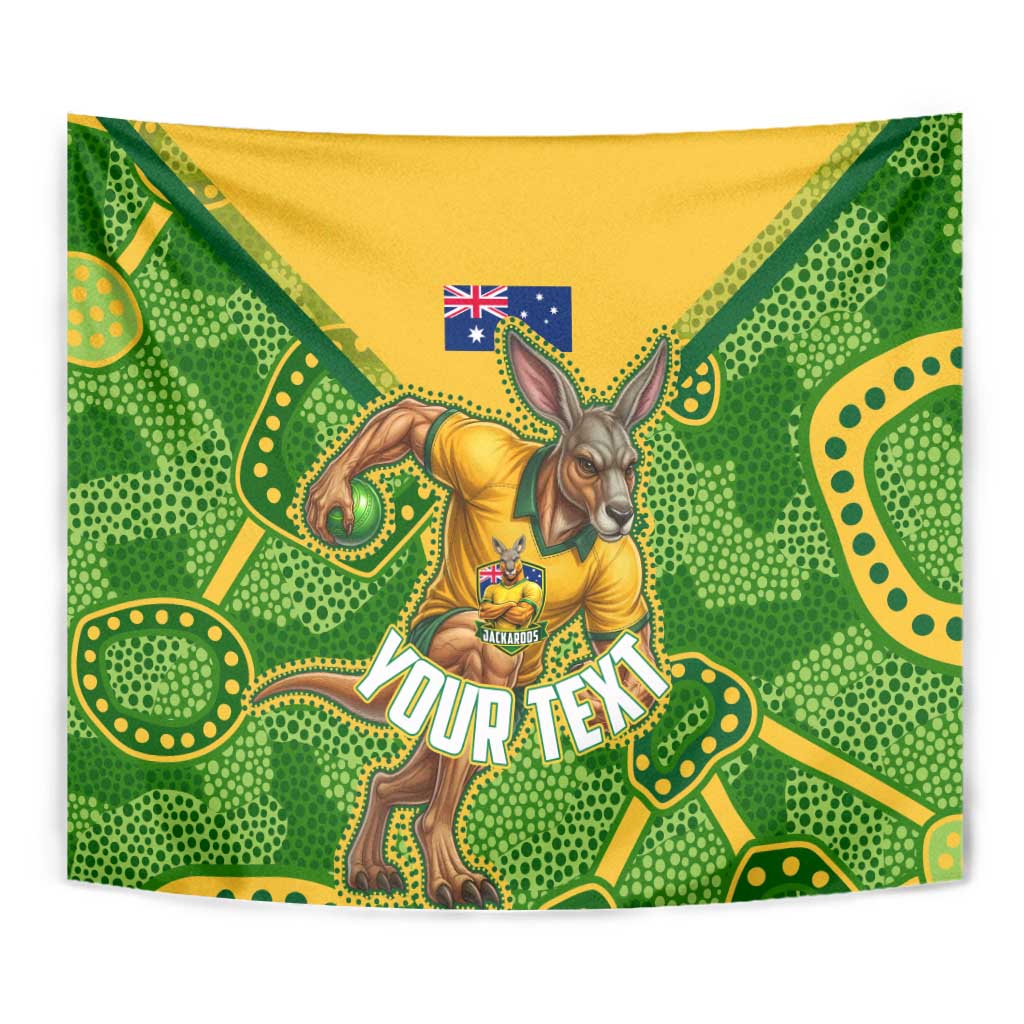 Personalized Australian Jackaroo Lawn Bowls Tapestry Kangaroo Athlete Indigenous Pattern Green Yellow Sports Mascot