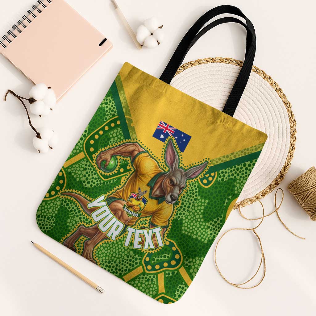 Personalized Australian Jackaroo Lawn Bowls Tote Bag Kangaroo Athlete Indigenous Pattern Green Yellow Sports Mascot