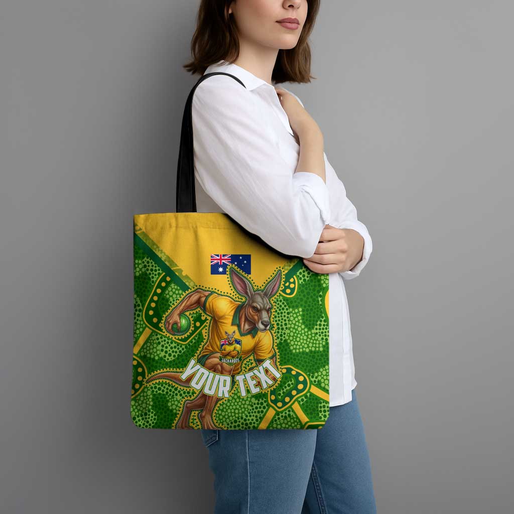 Personalized Australian Jackaroo Lawn Bowls Tote Bag Kangaroo Athlete Indigenous Pattern Green Yellow Sports Mascot