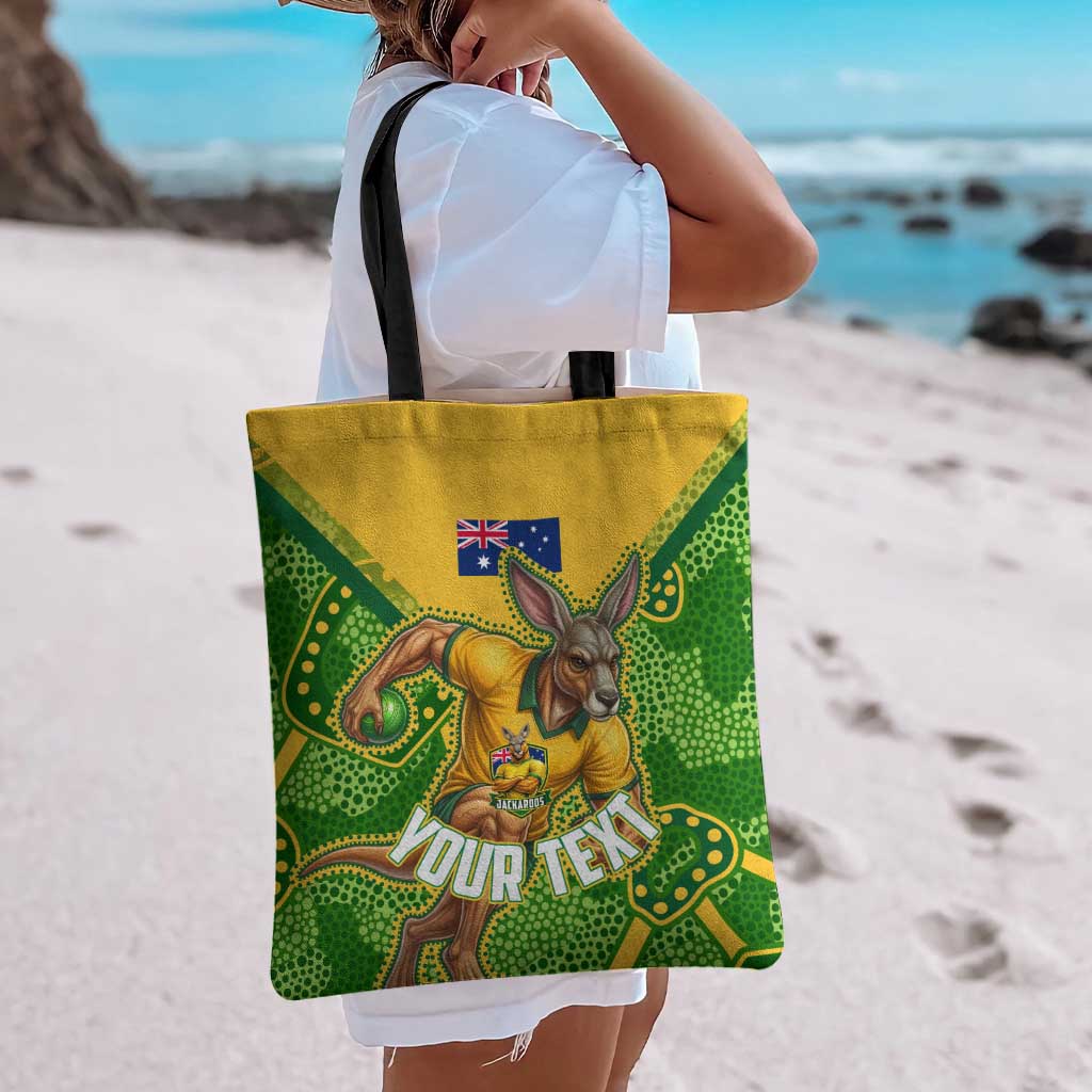 Personalized Australian Jackaroo Lawn Bowls Tote Bag Kangaroo Athlete Indigenous Pattern Green Yellow Sports Mascot