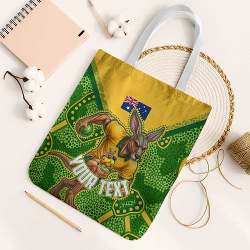 Personalized Australian Jackaroo Lawn Bowls Tote Bag Kangaroo Athlete Indigenous Pattern Green Yellow Sports Mascot