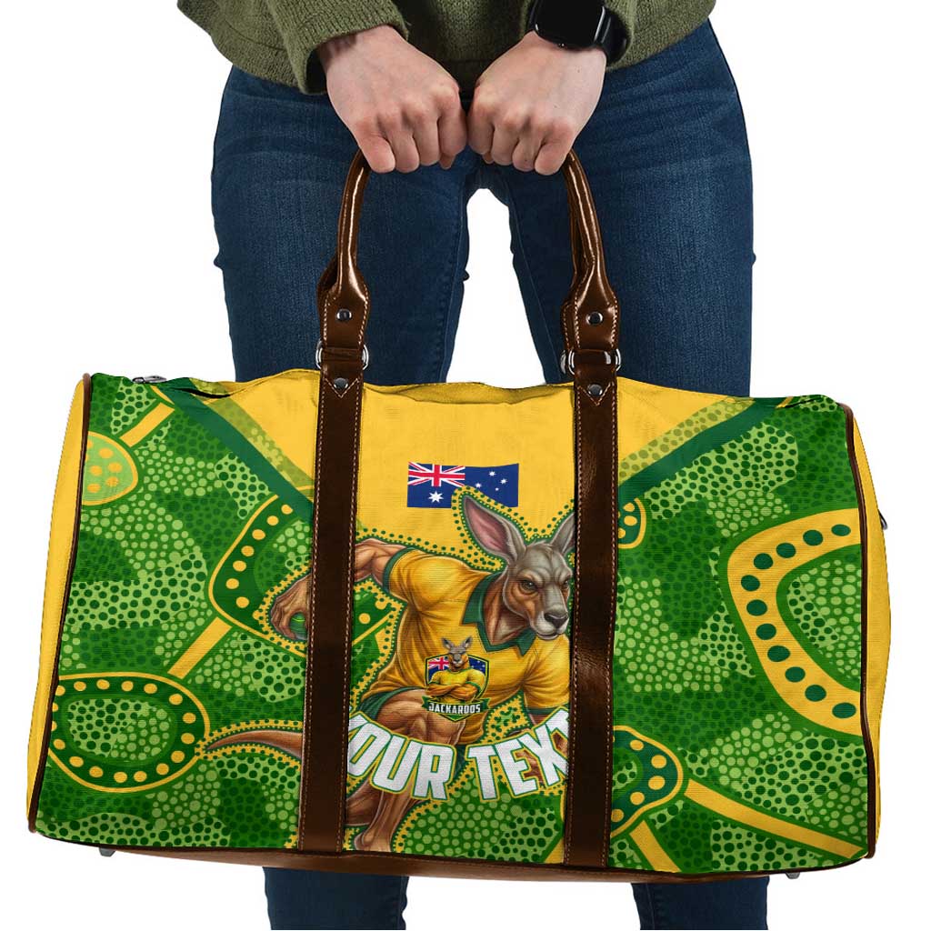 Personalized Australian Jackaroo Lawn Bowls Travel Bag Kangaroo Athlete Indigenous Pattern Green Yellow Sports Mascot