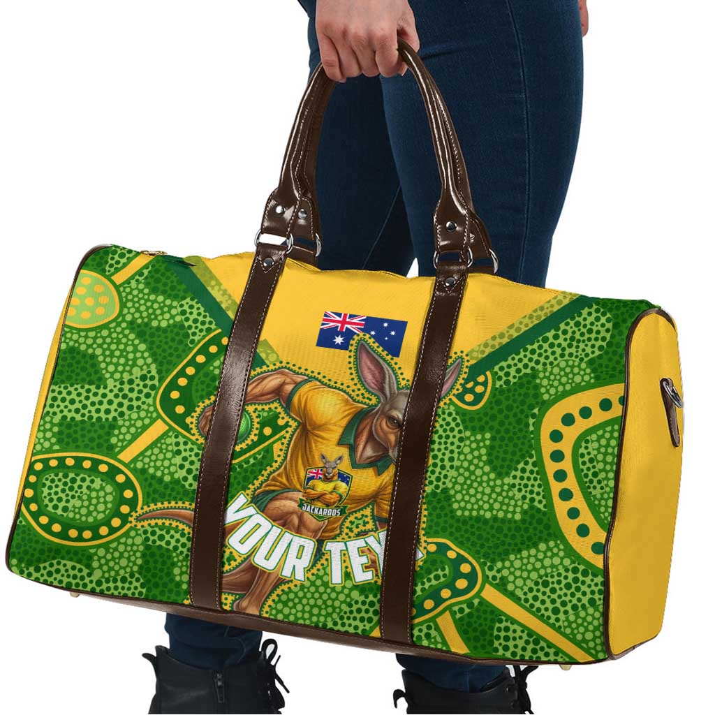 Personalized Australian Jackaroo Lawn Bowls Travel Bag Kangaroo Athlete Indigenous Pattern Green Yellow Sports Mascot