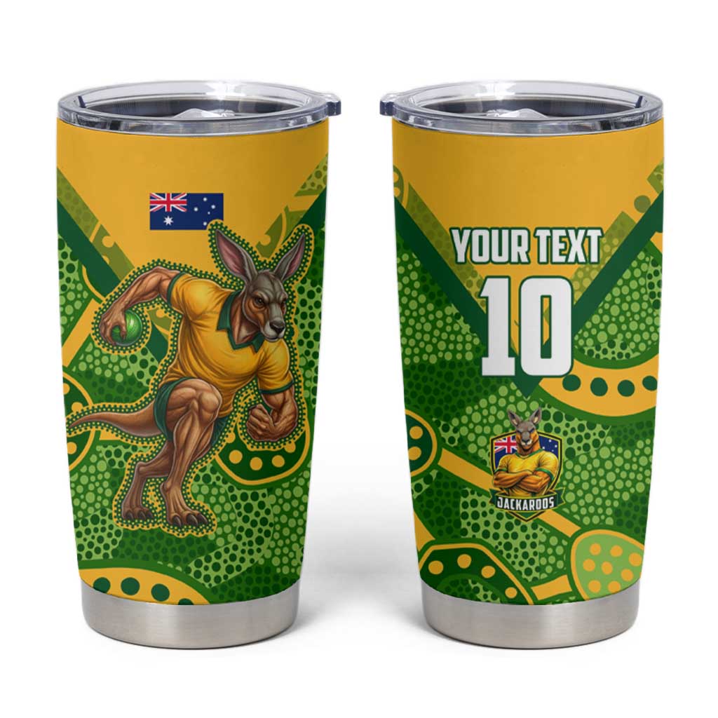 Personalized Australian Jackaroo Lawn Bowls Tumbler Cup Kangaroo Athlete Indigenous Pattern Green Yellow Sports Mascot