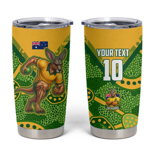 Personalized Australian Jackaroo Lawn Bowls Tumbler Cup Kangaroo Athlete Indigenous Pattern Green Yellow Sports Mascot