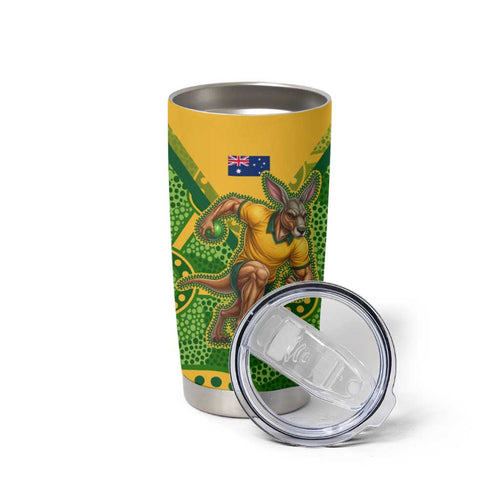 Personalized Australian Jackaroo Lawn Bowls Tumbler Cup Kangaroo Athlete Indigenous Pattern Green Yellow Sports Mascot