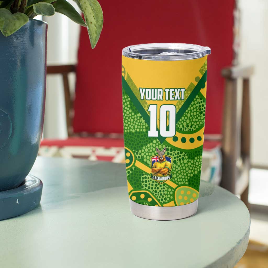 Personalized Australian Jackaroo Lawn Bowls Tumbler Cup Kangaroo Athlete Indigenous Pattern Green Yellow Sports Mascot