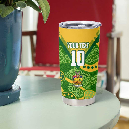 Personalized Australian Jackaroo Lawn Bowls Tumbler Cup Kangaroo Athlete Indigenous Pattern Green Yellow Sports Mascot