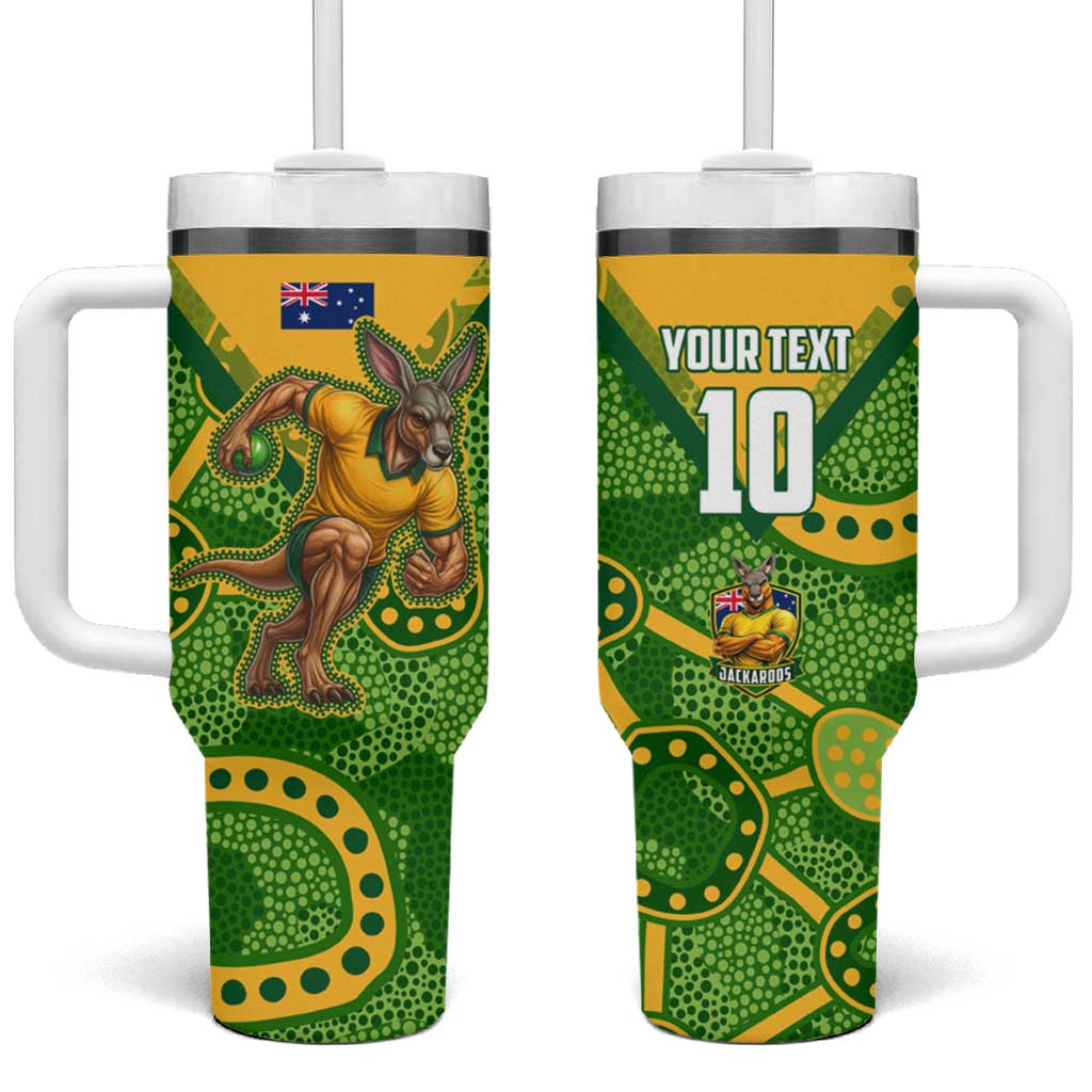 Personalized Australian Jackaroo Lawn Bowls Tumbler With Handle Kangaroo Athlete Indigenous Pattern Green Yellow Sports Mascot