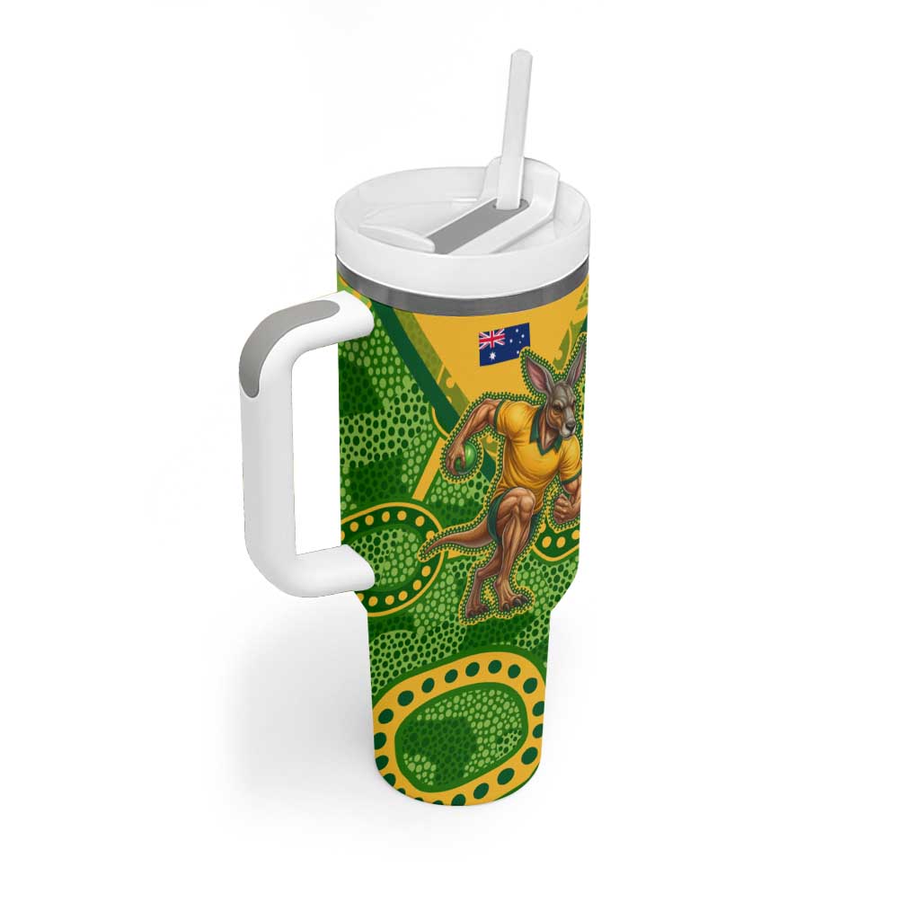 Personalized Australian Jackaroo Lawn Bowls Tumbler With Handle Kangaroo Athlete Indigenous Pattern Green Yellow Sports Mascot