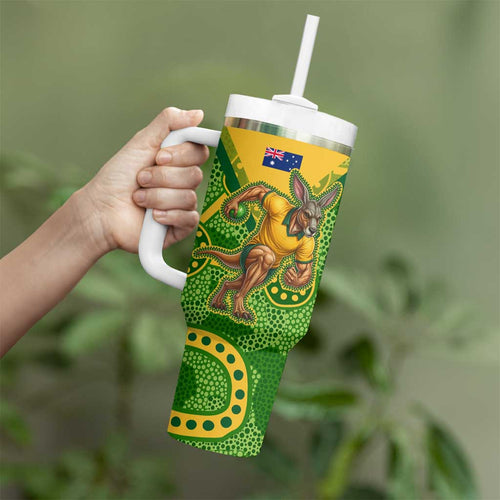 Personalized Australian Jackaroo Lawn Bowls Tumbler With Handle Kangaroo Athlete Indigenous Pattern Green Yellow Sports Mascot
