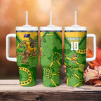 Personalized Australian Jackaroo Lawn Bowls Tumbler With Handle Kangaroo Athlete Indigenous Pattern Green Yellow Sports Mascot