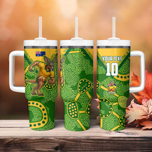 Personalized Australian Jackaroo Lawn Bowls Tumbler With Handle Kangaroo Athlete Indigenous Pattern Green Yellow Sports Mascot