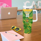Personalized Australian Jackaroo Lawn Bowls Tumbler With Handle Kangaroo Athlete Indigenous Pattern Green Yellow Sports Mascot