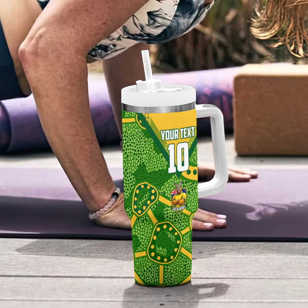 Personalized Australian Jackaroo Lawn Bowls Tumbler With Handle Kangaroo Athlete Indigenous Pattern Green Yellow Sports Mascot