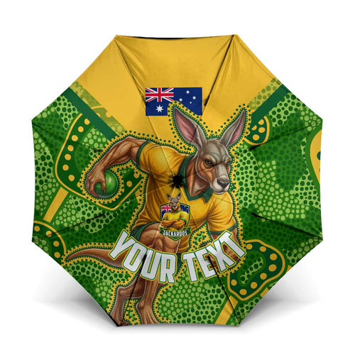 Personalized Australian Jackaroo Lawn Bowls Umbrella Kangaroo Athlete Indigenous Pattern Green Yellow Sports Mascot