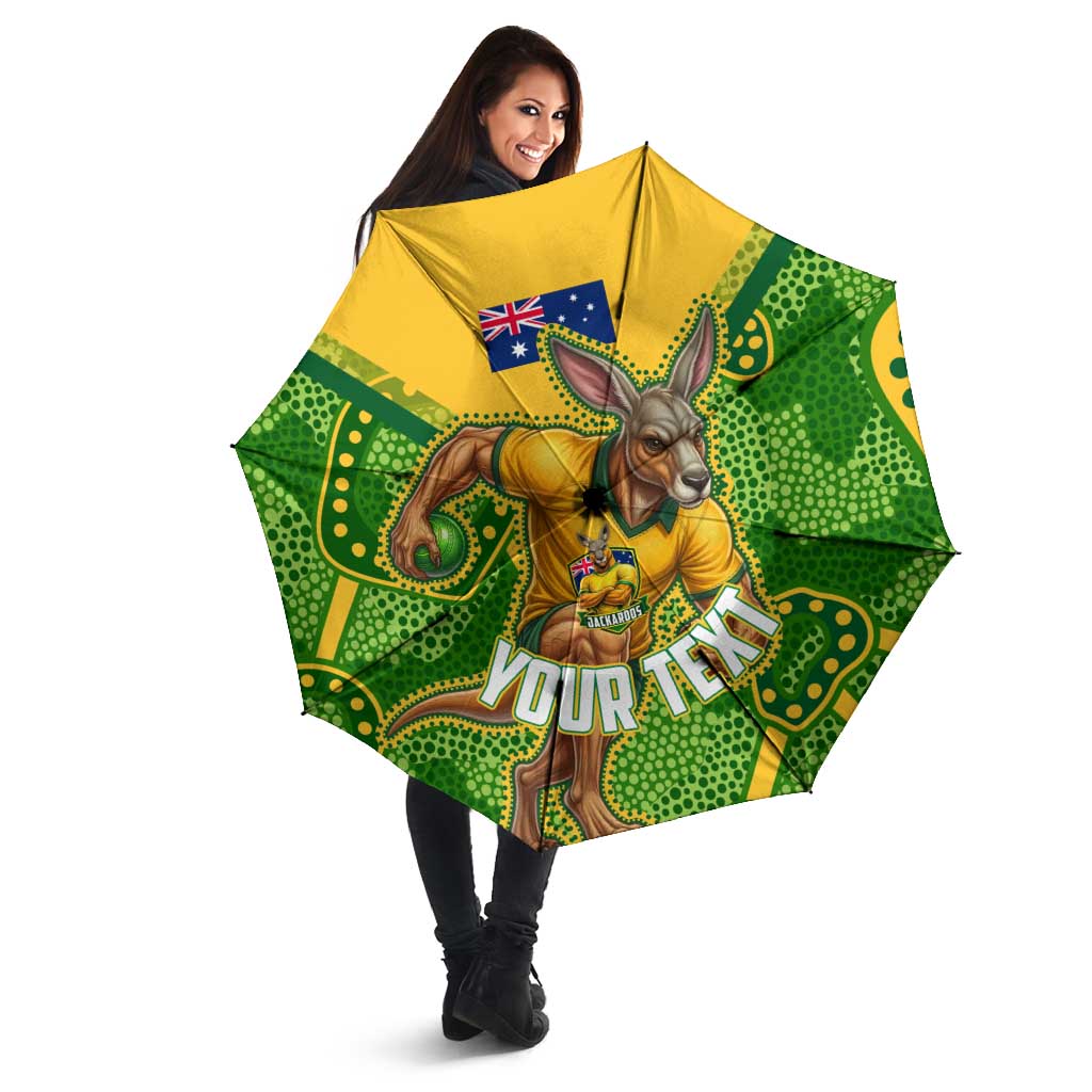 Personalized Australian Jackaroo Lawn Bowls Umbrella Kangaroo Athlete Indigenous Pattern Green Yellow Sports Mascot