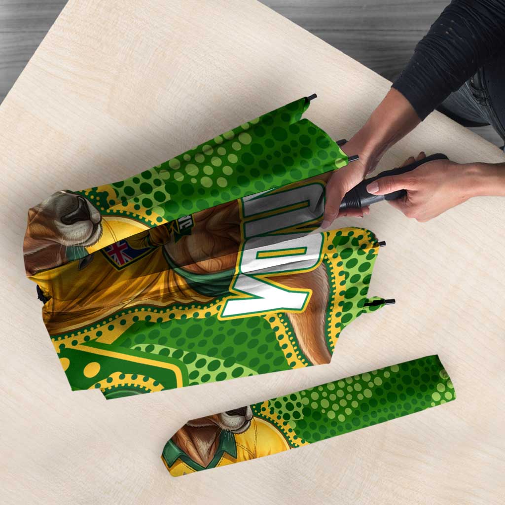 Personalized Australian Jackaroo Lawn Bowls Umbrella Kangaroo Athlete Indigenous Pattern Green Yellow Sports Mascot