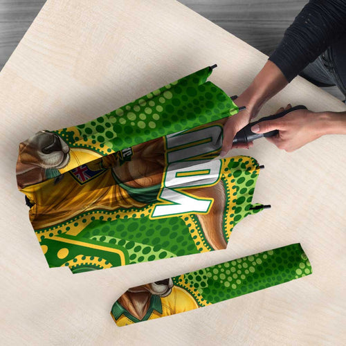 Personalized Australian Jackaroo Lawn Bowls Umbrella Kangaroo Athlete Indigenous Pattern Green Yellow Sports Mascot