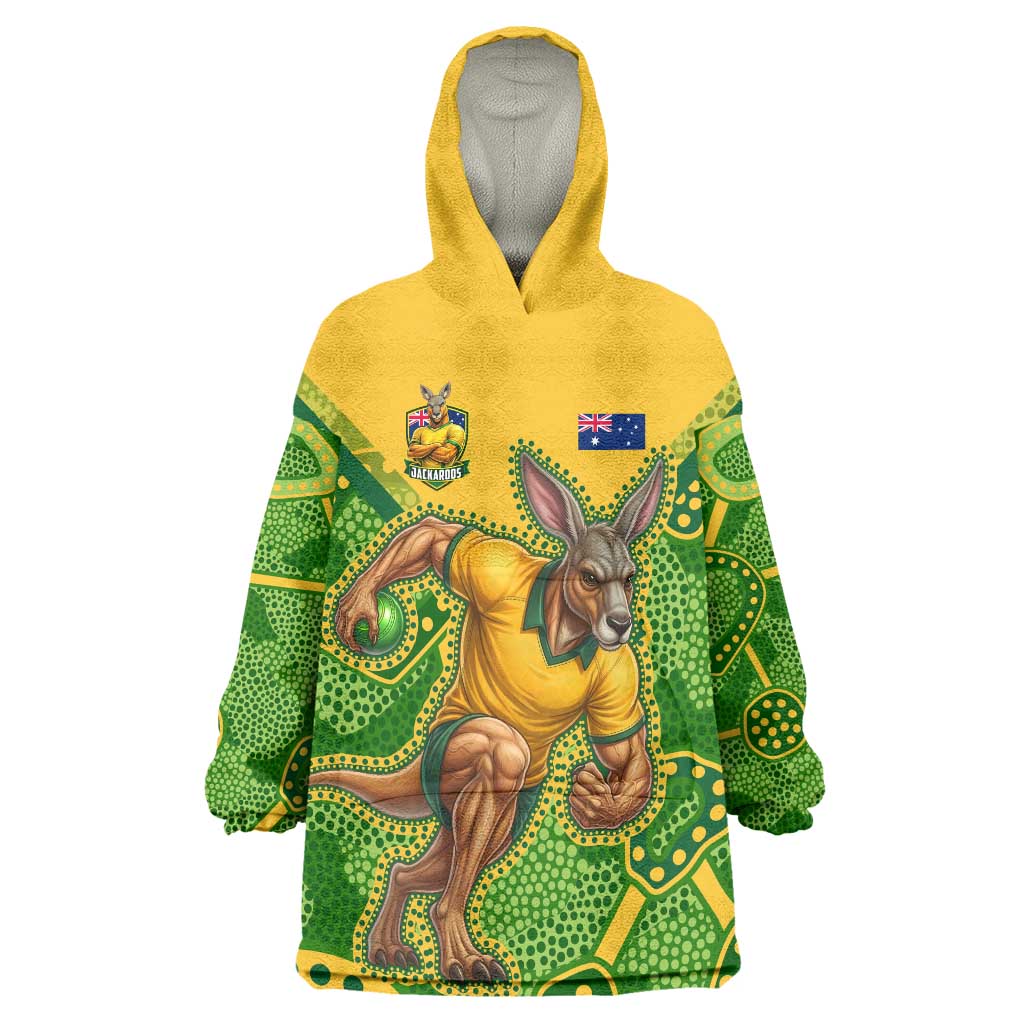 Personalized Australian Jackaroo Lawn Bowls Wearable Blanket Hoodie Kangaroo Athlete Indigenous Pattern Green Yellow Sports Mascot
