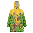Personalized Australian Jackaroo Lawn Bowls Wearable Blanket Hoodie Kangaroo Athlete Indigenous Pattern Green Yellow Sports Mascot