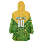 Personalized Australian Jackaroo Lawn Bowls Wearable Blanket Hoodie Kangaroo Athlete Indigenous Pattern Green Yellow Sports Mascot