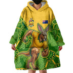 Personalized Australian Jackaroo Lawn Bowls Wearable Blanket Hoodie Kangaroo Athlete Indigenous Pattern Green Yellow Sports Mascot