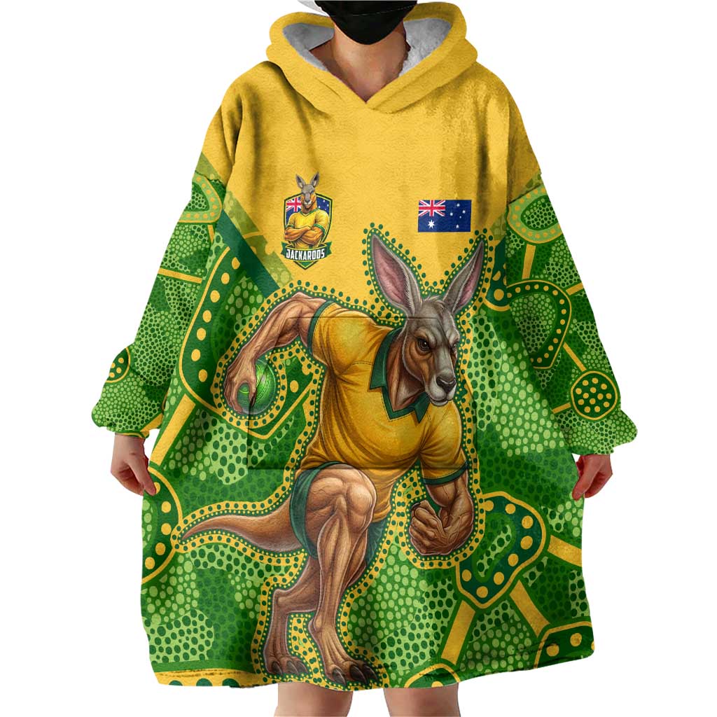 Personalized Australian Jackaroo Lawn Bowls Wearable Blanket Hoodie Kangaroo Athlete Indigenous Pattern Green Yellow Sports Mascot