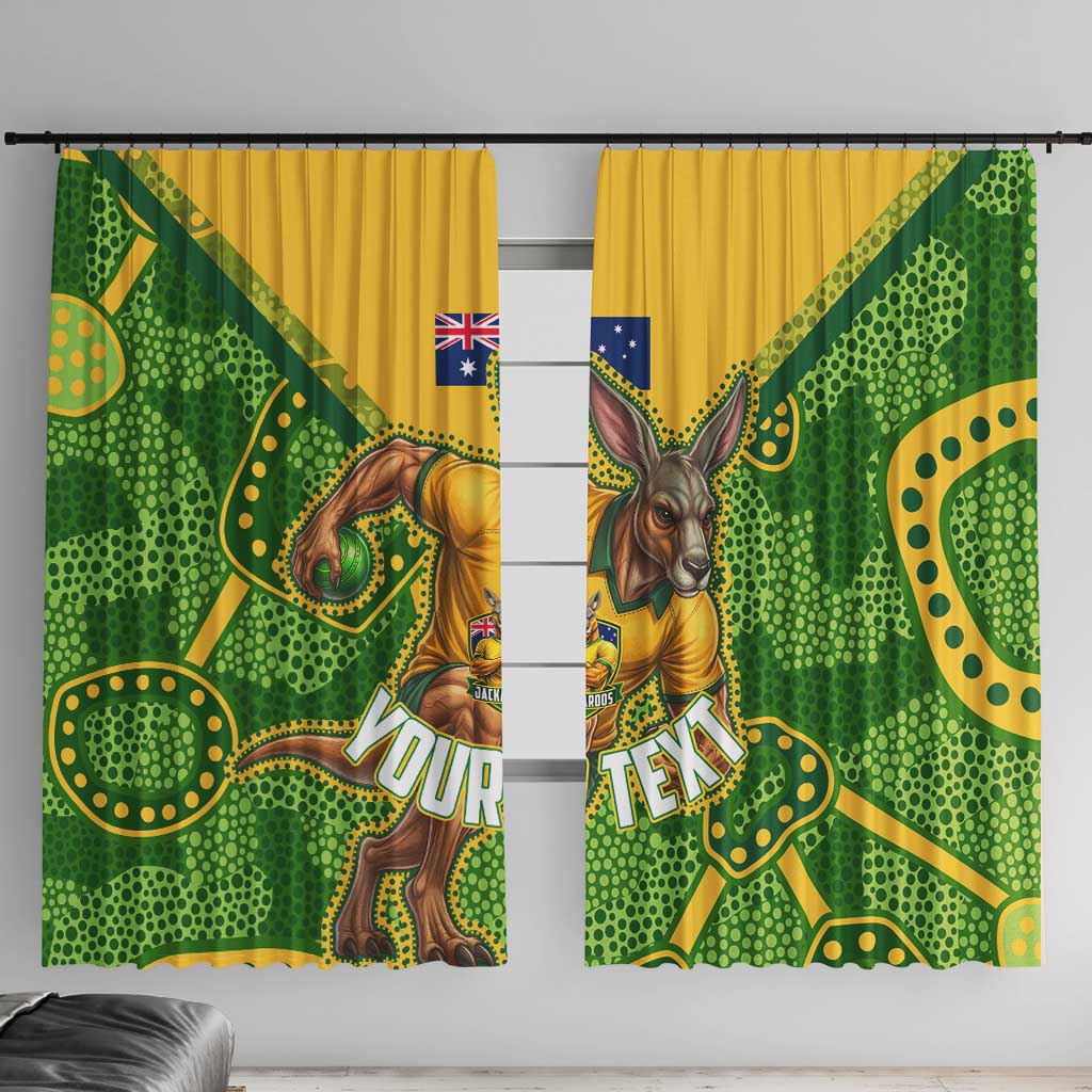Personalized Australian Jackaroo Lawn Bowls Window Curtain Kangaroo Athlete Indigenous Pattern Green Yellow Sports Mascot