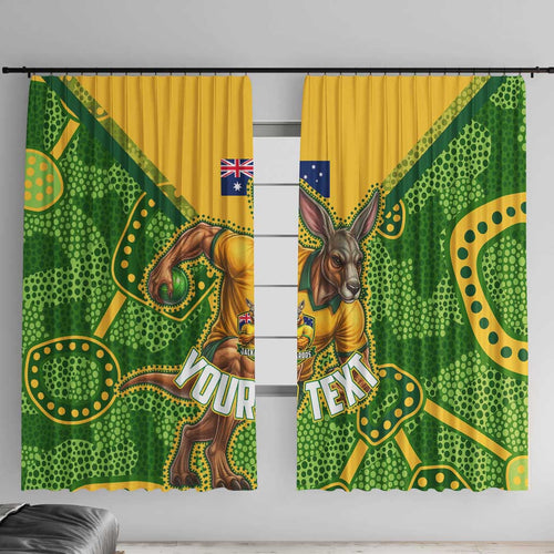 Personalized Australian Jackaroo Lawn Bowls Window Curtain Kangaroo Athlete Indigenous Pattern Green Yellow Sports Mascot