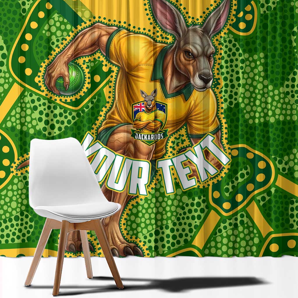 Personalized Australian Jackaroo Lawn Bowls Window Curtain Kangaroo Athlete Indigenous Pattern Green Yellow Sports Mascot