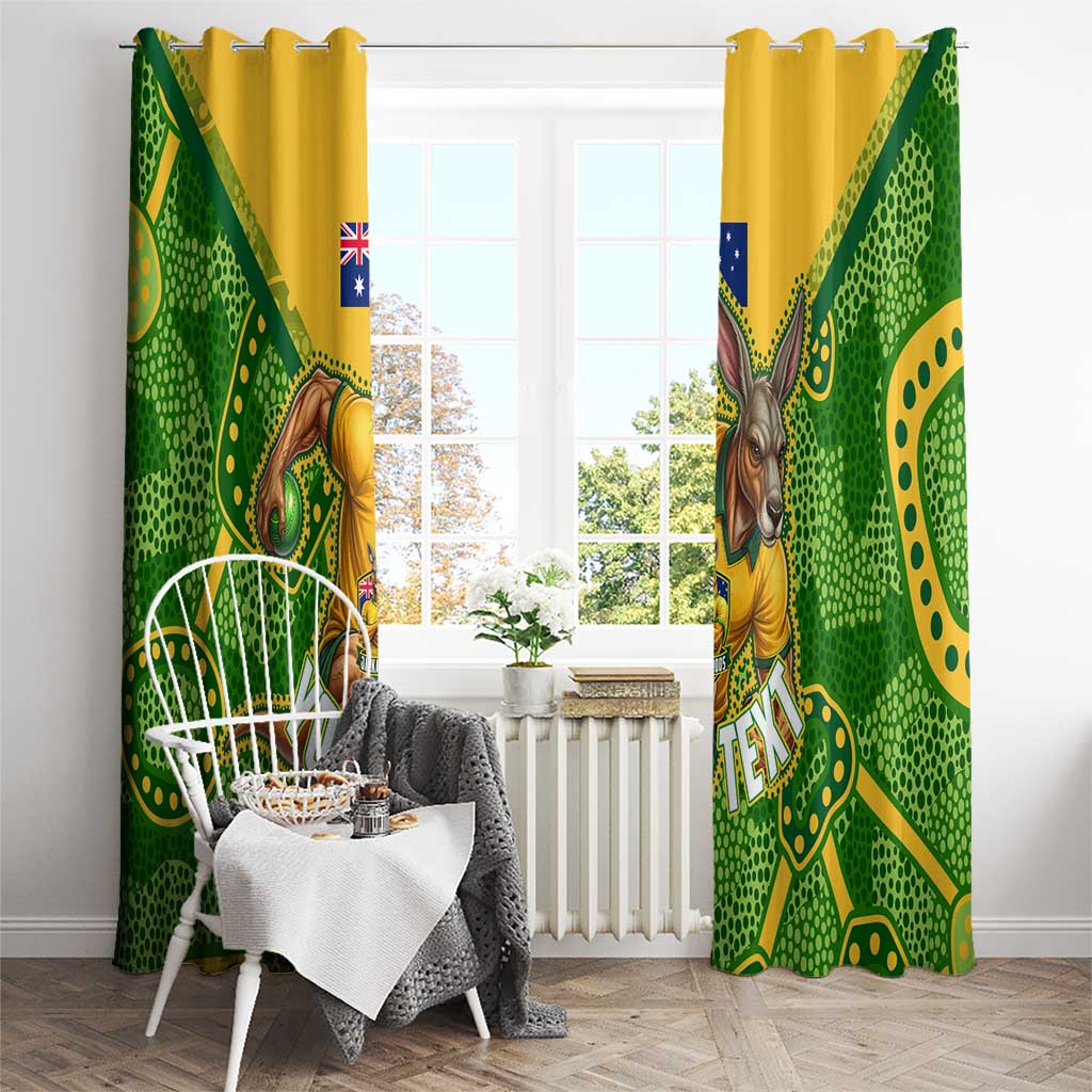 Personalized Australian Jackaroo Lawn Bowls Window Curtain Kangaroo Athlete Indigenous Pattern Green Yellow Sports Mascot