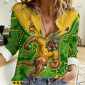 Personalized Australian Jackaroo Lawn Bowls Women Casual Shirt Kangaroo Athlete Indigenous Pattern Green Yellow Sports Mascot